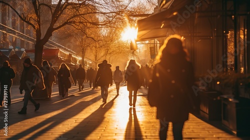 The golden hour in the autumn city. People are walking, coming from work, rushing home on the street at sunset. © liliyabatyrova