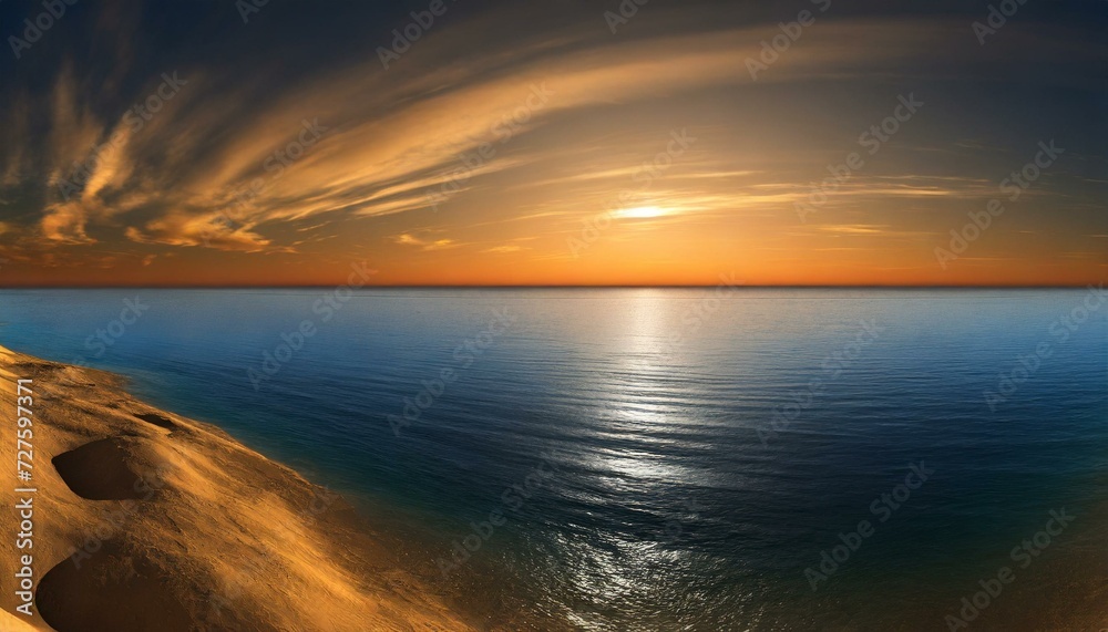 sunset over the sea, calm ocean at dawn or sunset. Panoramic banner of a peaceful landscape
