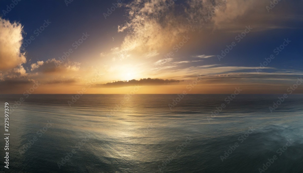 sunset over the ocean, calm ocean at dawn or sunset. Panoramic banner of a peaceful landscape