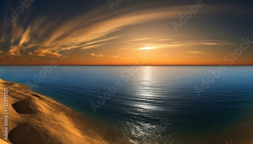 sunset over the sea, calm ocean at dawn or sunset. Panoramic banner of a peaceful landscape