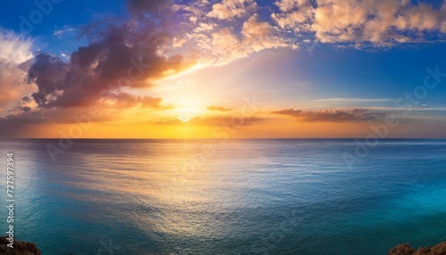 sunset over the sea  calm ocean at dawn or sunset. Panoramic banner of a peaceful landscape