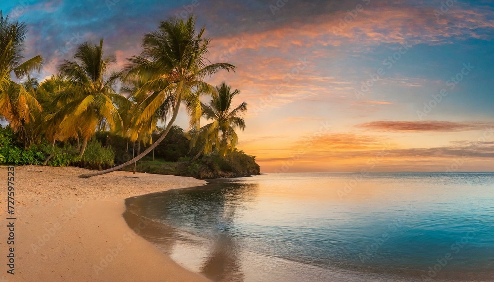 beach at sunset tree Paradise beach with palm trees and calm ocean at dawn or sunset. Panoramic banner of a peaceful landscape
