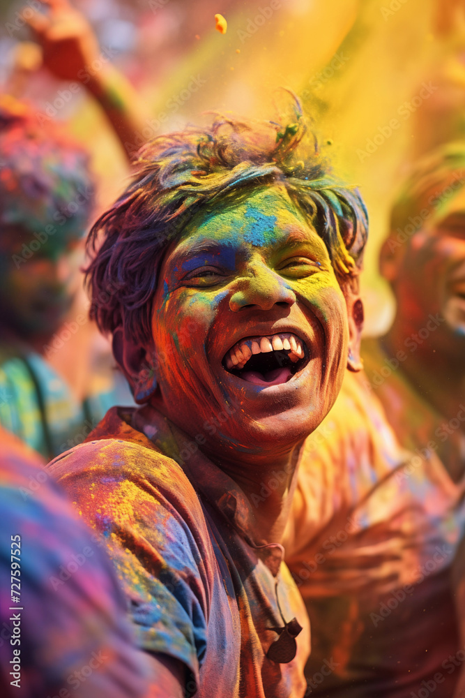 happy hindu indian people celebrate holi festival by throwing colorful powder at each other, generative AI happy hindu indian people celebrate holi festival by throwing colorful powder at each other, generative AI