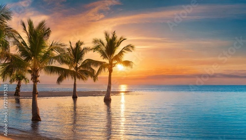 sunset on the beach, Paradise beach with palm trees and calm ocean at dawn or sunset. Panoramic banner of a peaceful landscape © Bilal