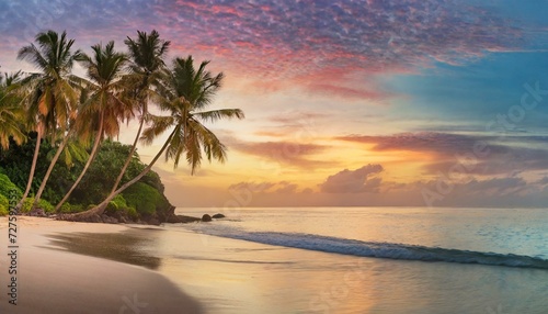 sunset on the beach  Paradise beach with palm trees and calm ocean at dawn or sunset. Panoramic banner of a peaceful landscape