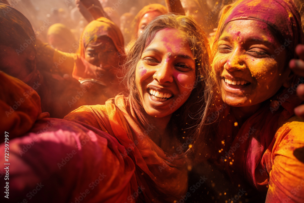 happy hindu indian people celebrate holi festival by throwing colorful powder at each other, generative AI happy hindu indian people celebrate holi festival by throwing colorful powder at each other, generative AI