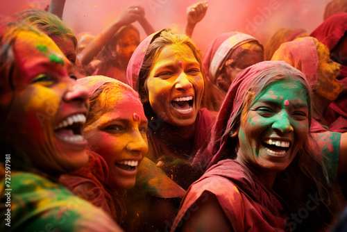 happy hindu indian people celebrate holi festival by throwing colorful powder at each other, generative AI