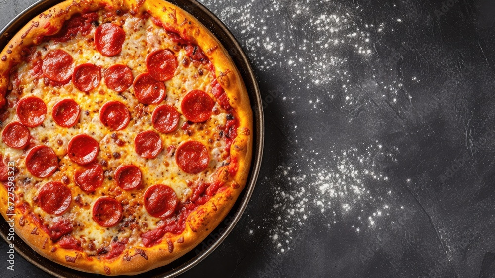 Top view of pepperoni pizza on black stone, flour dust around Top view of pepperoni pizza on black stone, flour dust around