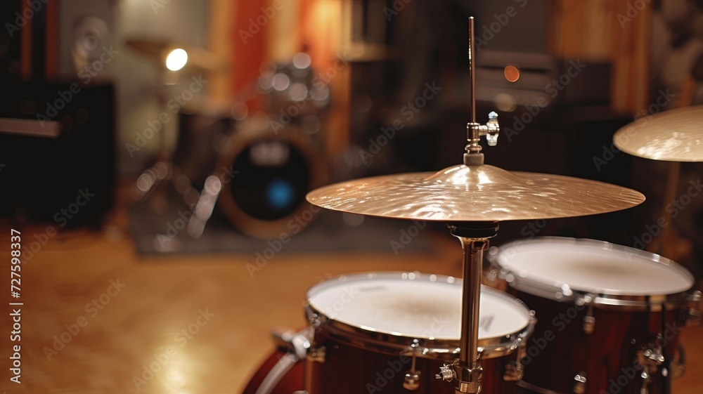 Obraz premium Close-up of drum set with cymbals in a warm lit music studio