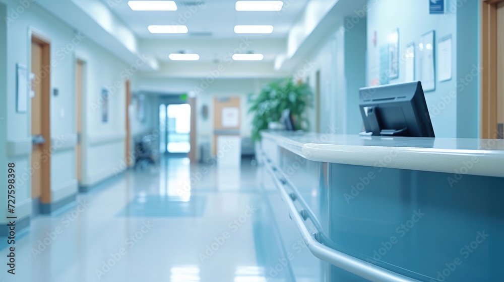 Modern hospital corridor with a blue reception desk Modern hospital corridor with a blue reception desk