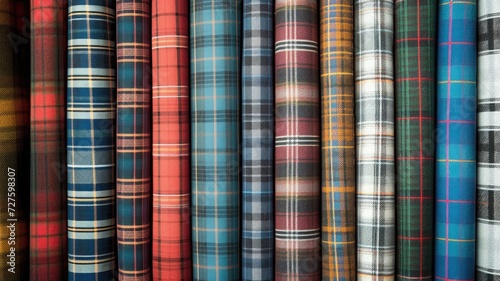 Various rolls of colorful tartan fabric patterns in a fabric store photo