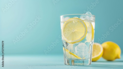 A refreshing glass of lemon water with ice cubes on a blue backdrop