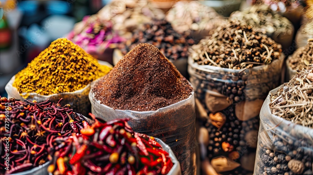 An array of spices, carefully arranged, creating a visual masterpiece in the spice stall.