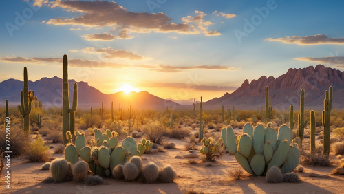 Tranquil moments as the desert transitions from day to night with the sun setting behind a cluster of cacti and creating a serene and peaceful atmosphere in the arid wilderness