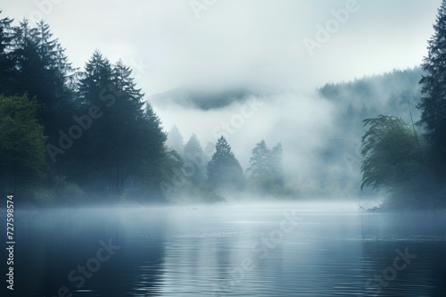  A mystical fog rolling over a serene lake  enveloping the landscape in softness.
