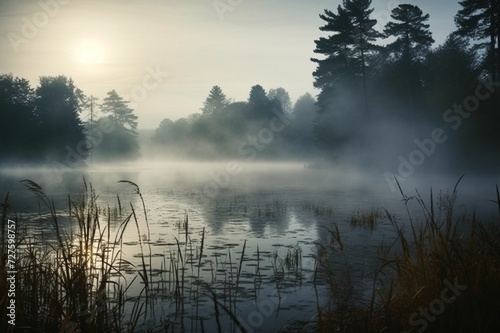 : A mystical fog rolling over a serene lake, enveloping the landscape in softness. © khan