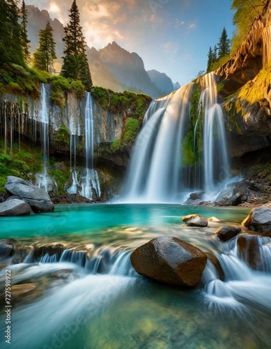 The beauty of a clean waterfall flowing down a mountain cliff in the morning. Natural springs in beautiful nature