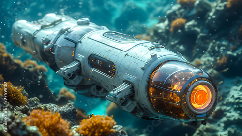 An underwater robotic submarine explores coral reefs in a deep-sea environment.  © Meta