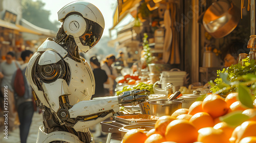 A humanoid robot serves food at an outdoor market stall, surrounded by fresh produce and interacting with customers. 