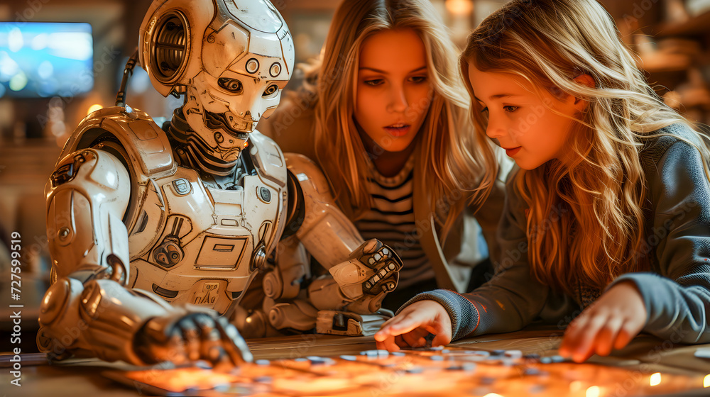 A humanoid robot engages in a board game with two focused young girls indoors.
