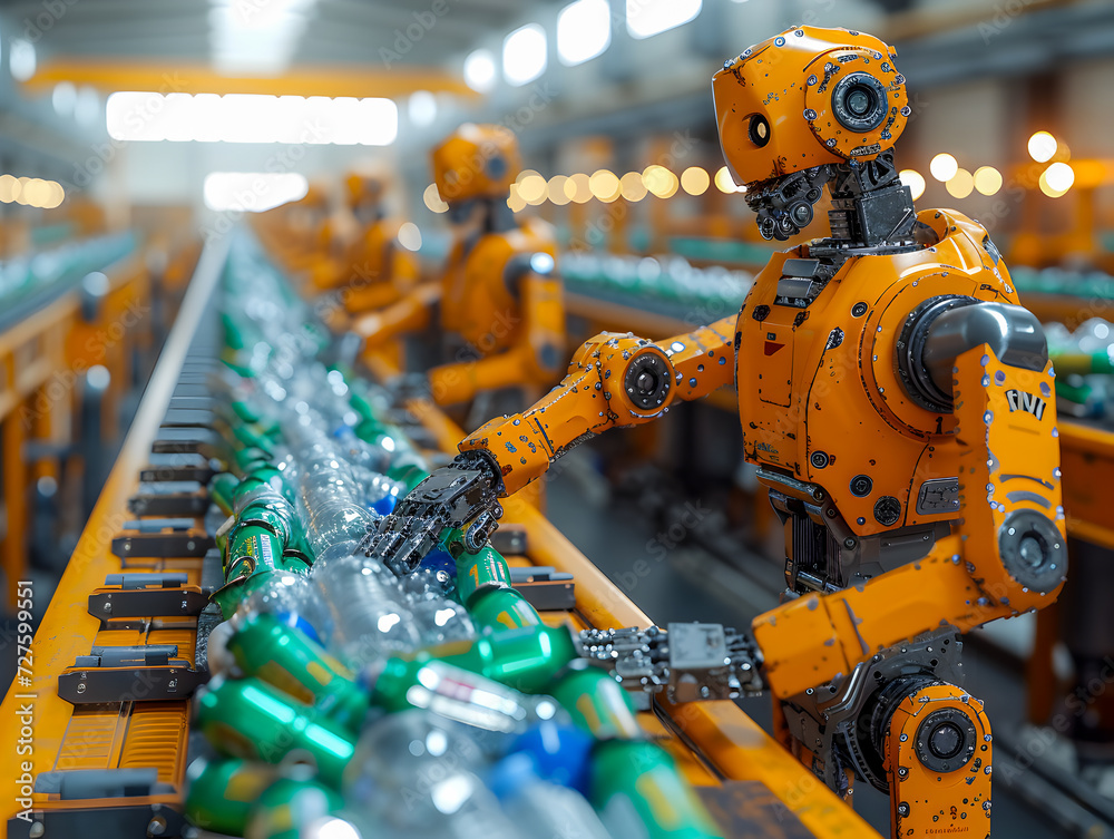 Orange robot arms sorting green bottles on a conveyor belt in a recycling facility.
Orange robot arms sorting green bottles on a conveyor belt in a recycling facility.