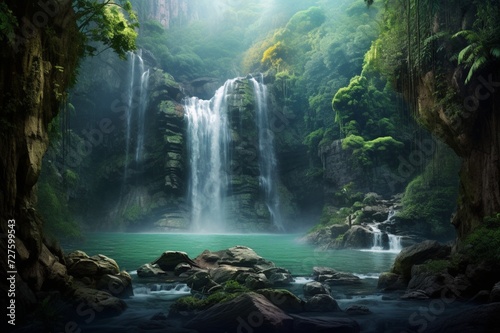 : A majestic waterfall cascading down a rocky cliff surrounded by emerald green foliage in a secluded jungle.