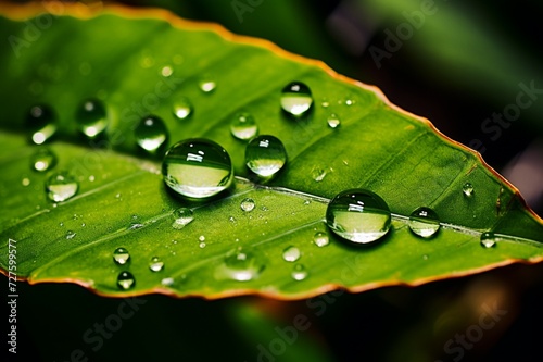 : A macro shot of a delicate raindrop clinging to the edge of a vibrant leaf, refracting the surrounding lush environment.