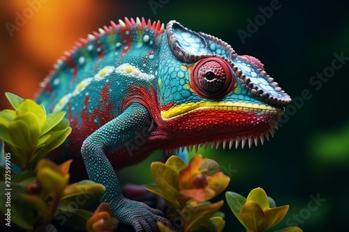   A macro shot of a colorful chameleon perched on a tropical plant  blending seamlessly with its lush surroundings.