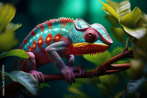 : A macro shot of a colorful chameleon perched on a tropical plant, blending seamlessly with its lush surroundings.