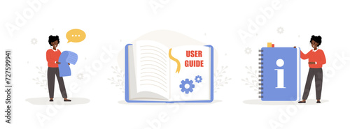 User manual concept. Female characters with guide instructions. African women reading user agreement, terms and conditions. FAQ or customer support. Set of vector illustrations in flat cartoon style.