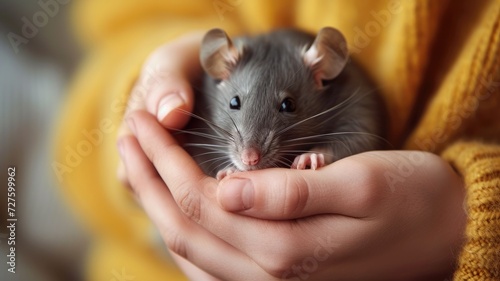 Gentle hands holding grey rat, caring human-animal bond