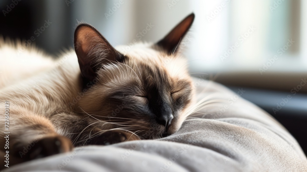 Siamese cat napping peacefully on a soft grey couch