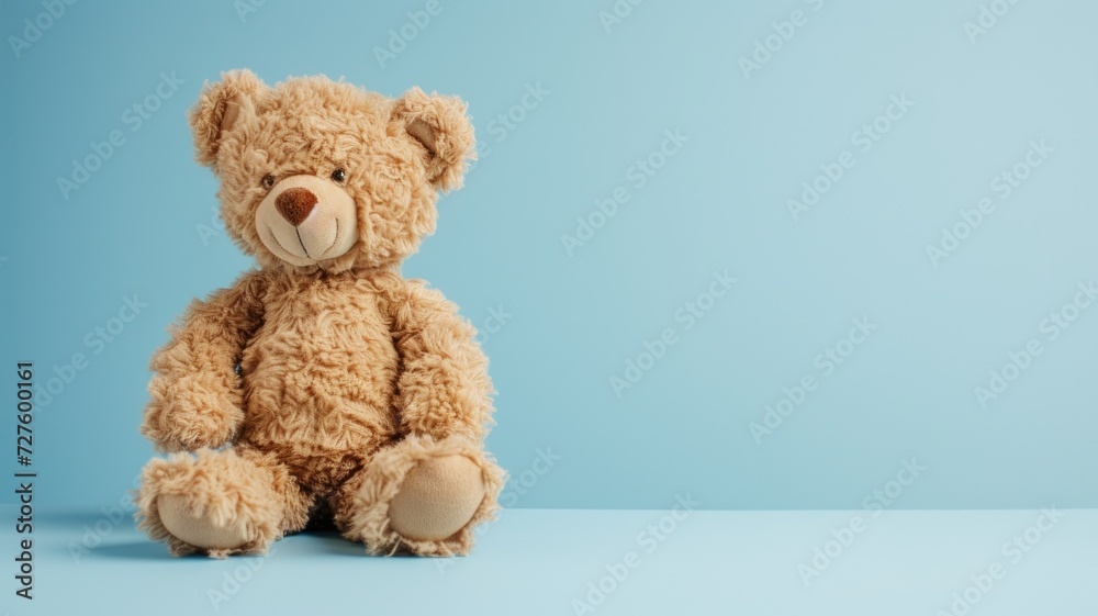 A soft bear sitting against a blue backdrop A soft bear sitting against a blue backdrop
