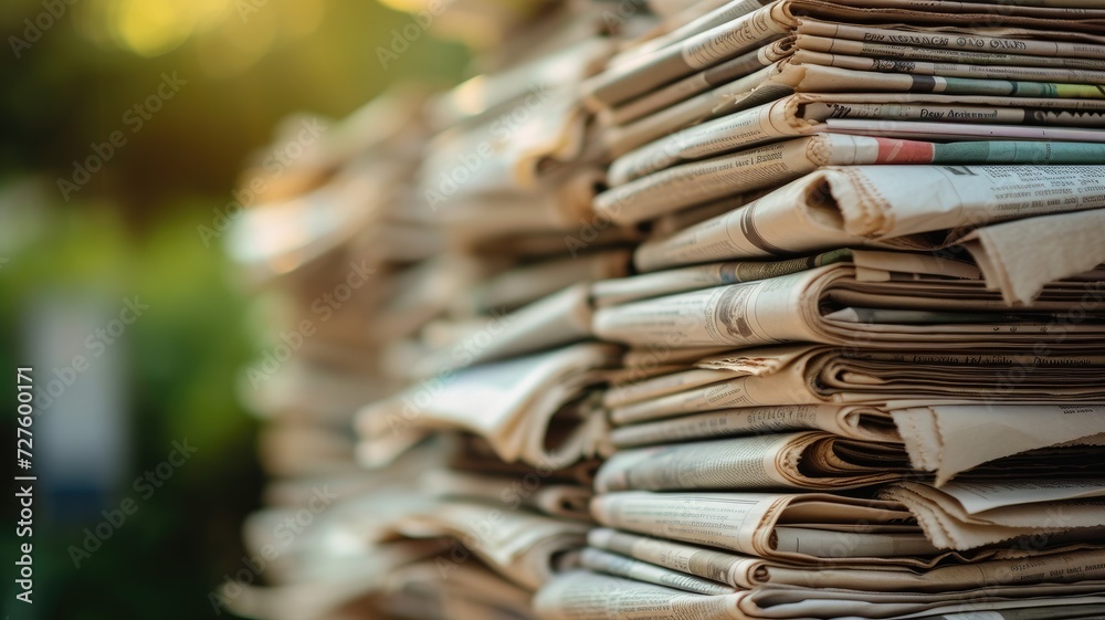 Obraz premium Stacked newspapers in soft focus with blurred background