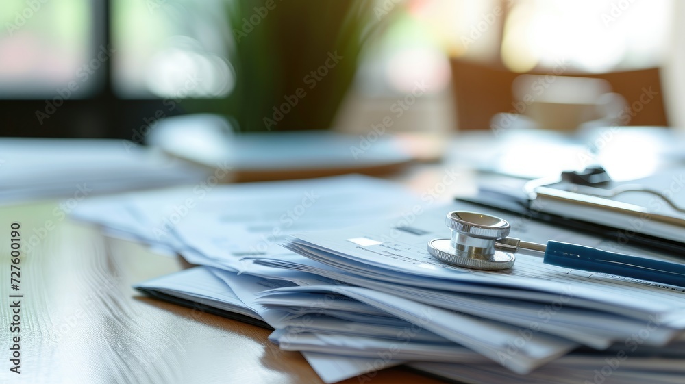 Medical stethoscope on top of piled healthcare documents, office setting Medical stethoscope on top of piled healthcare documents, office setting