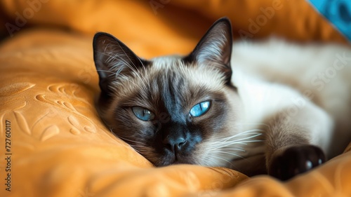 Serene Siamese cat with striking blue eyes resting comfortably on an orange cushion photo