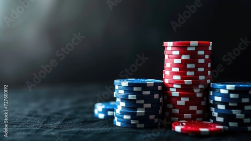 Red, white, and blue casino chips stacked, dark atmospheric background photo