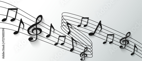 Music notes melody background. Black notes symbols on white background. light and shadow. Vector.