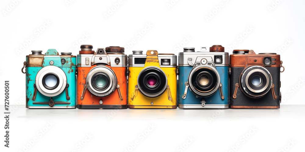 Illustration of five different colorful retro cameras on white background, Generative AI image Illustration of five different colorful retro cameras on white background, Generative AI image