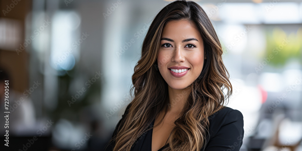 Obraz premium Confident latin businesswoman portrait at her office with copy space