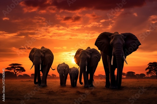 : A herd of elephants walking across the savannah, silhouetted against a dramatic sunset sky. © khan