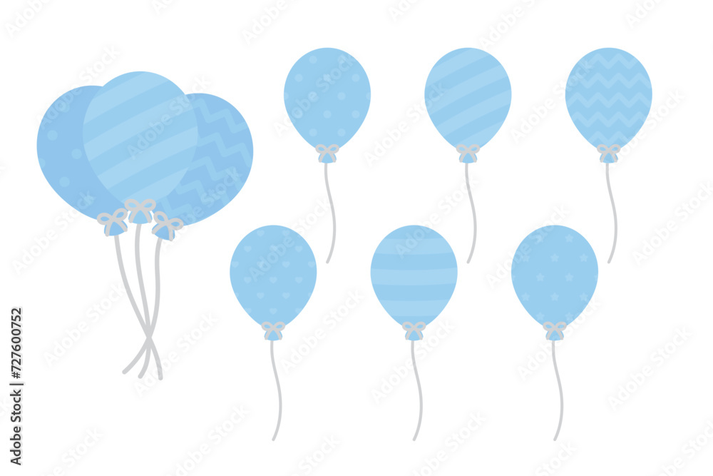 Set of cute pastel blue patterned balloons illustration. Baby and kids party decoration.	