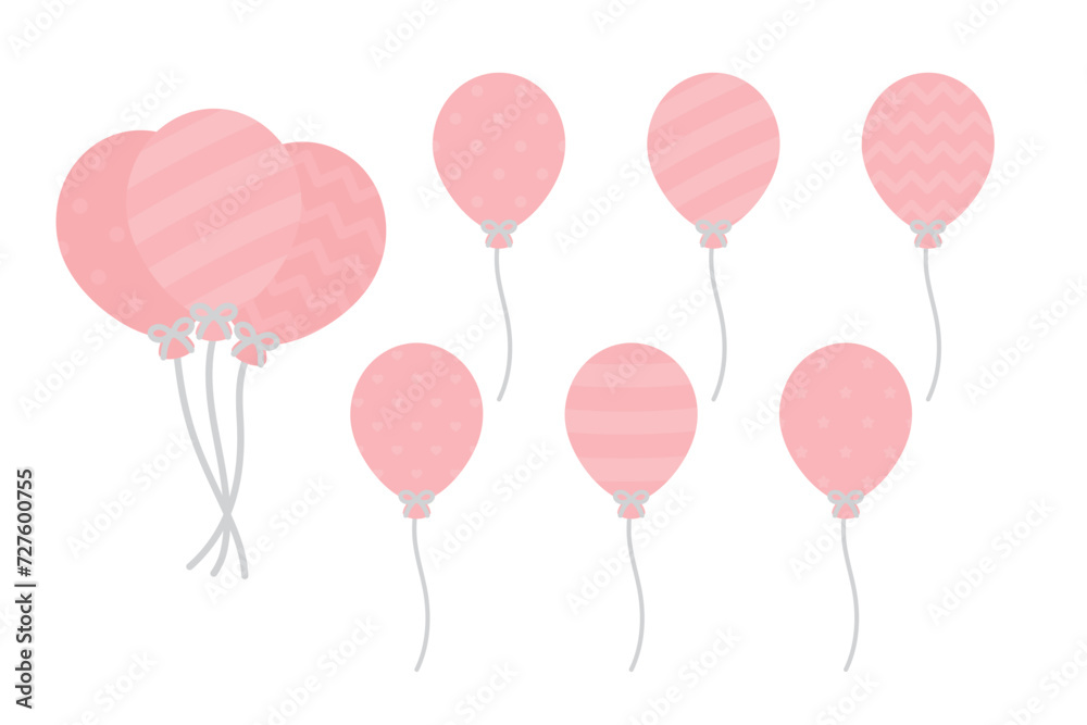Set of cute pastel pink patterned balloons illustration. Baby and kids party decoration.	