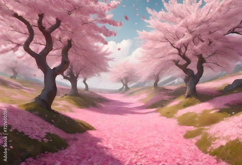 Φωτογραφία A moorland covered in a blanket of cherry blossom petals, creating a surreal and dreamlike landscape with the delicate pink flowers carpeting the ground