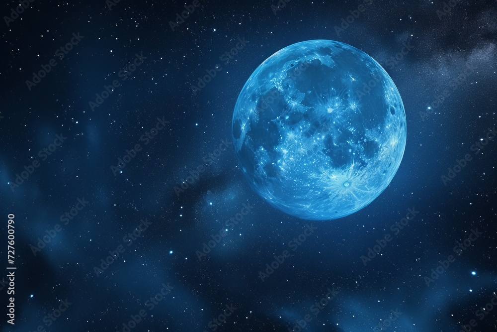 Blue moon in space with nebula and stars. Generative AI