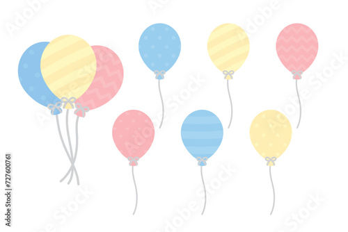 Set of cute pastel pink, blue, yellow patterned balloons illustration. Baby and kids party decoration.	