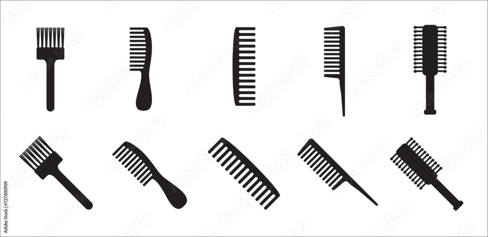 Hair comb icon set. Set of hair comb. Vector stock illustration. With many variation of barber and salon combs.Isolated on white background. - obrazy, fototapety, plakaty 