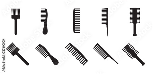 Hair comb icon set. Set of hair comb. Vector stock illustration. With many variation of barber and salon combs.Isolated on white background. photo