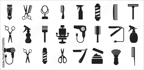 Barbershop utensils icon set. Hair salon icons, Hairstylist vector icons set. Contain symbol of clipper, barber pole, comb, razor blade, chair, sprayer, pomade, hair dryer, brush, and more. photo