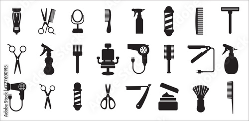Barbershop utensils icon set. Hair salon icons, Hairstylist vector icons set. Contain symbol of clipper, barber pole, comb, razor blade, chair, sprayer, pomade, hair dryer, brush, and more.
